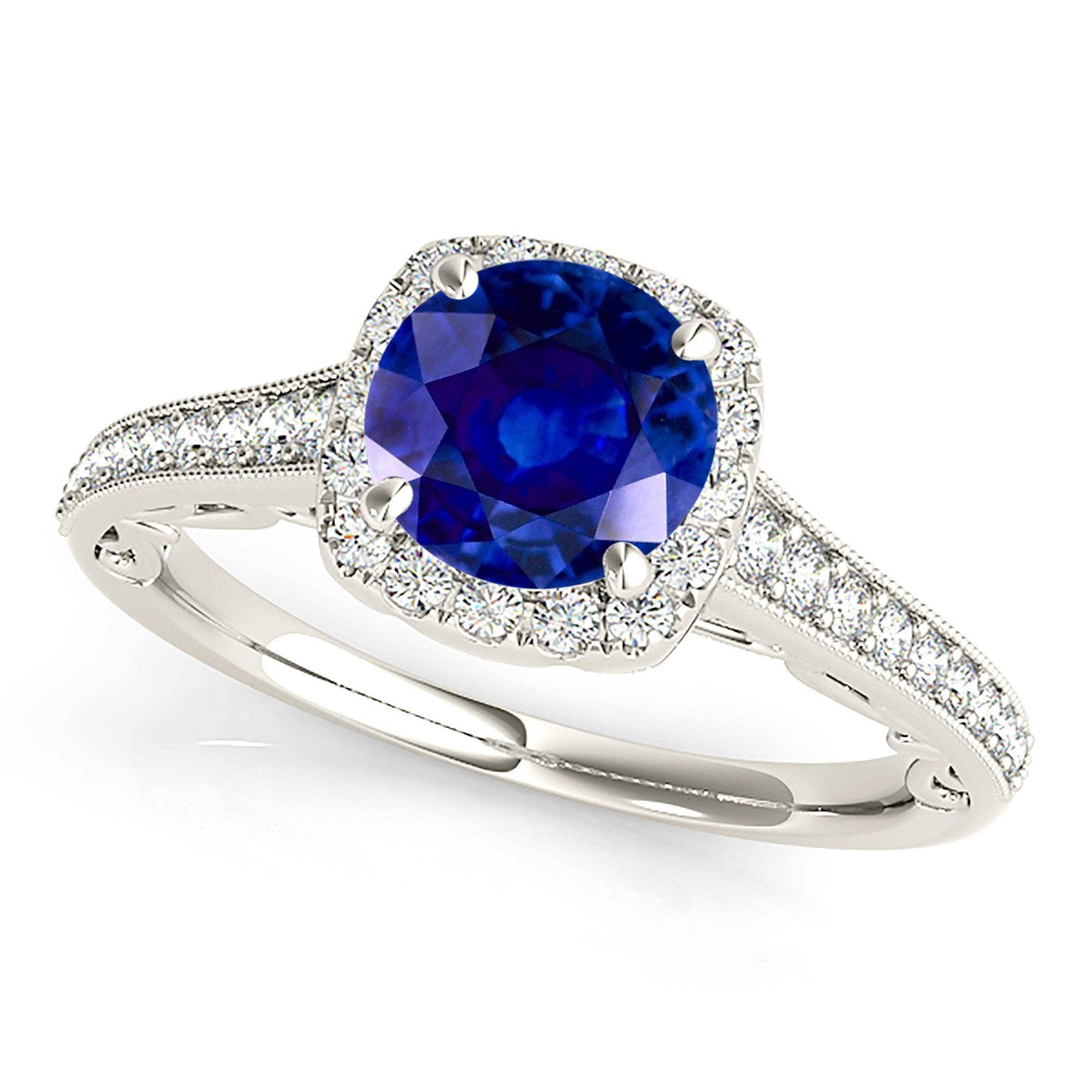 1.80 ct. Genuine Blue Round Sapphire Ring with 0.35 ctw. Diamond Cushion Halo, Filigree Side Accent Diamond Band | Round Sapphire Halo Ring-VIRABYANI
